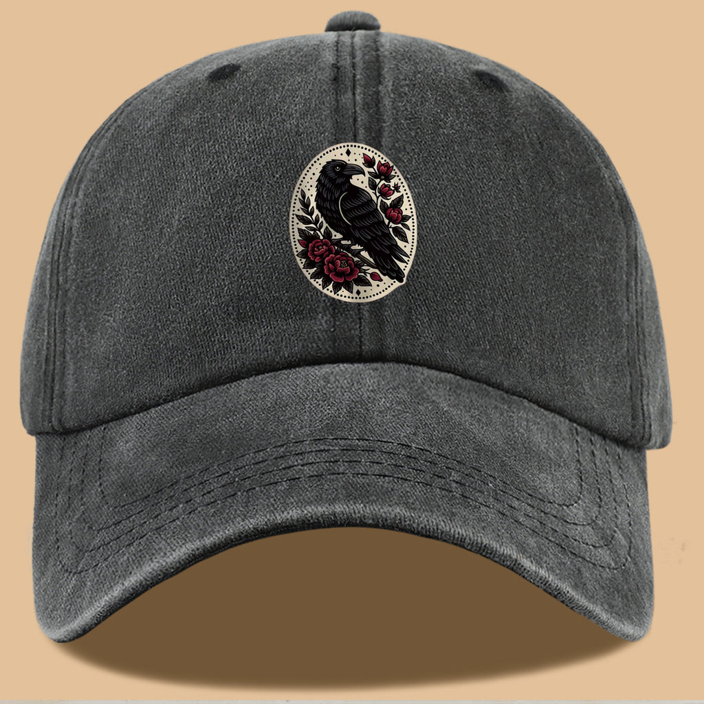 1pc 1pcs Black Crow & Red Rose Vintage Duckbill Baseball Cap - Adjustable Unisex Hat Suitable for Men & Women, Gothic Streetwear Sun Hat for Outdoor Travel, Daily Commute, Photo Shoots, Creative,,