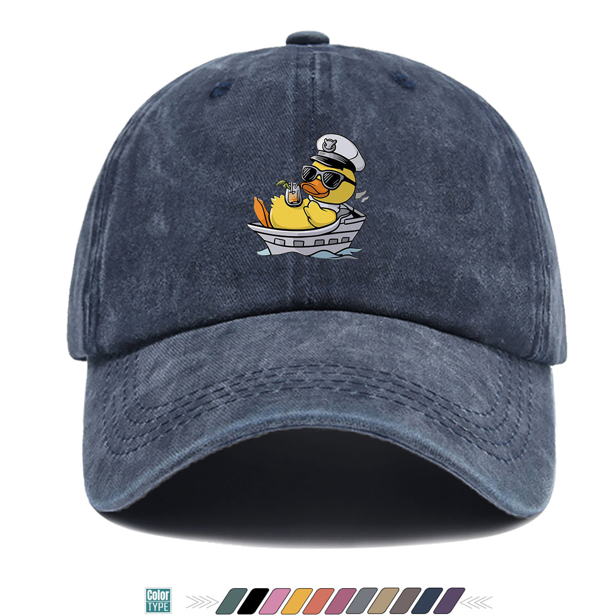 1pc Cartoon Captain Duck Printed Baseball Cap, Yellow Duck Wearing Captain Hat And Glasses, Sitting on Yacht with Drink, Fun Trendy Sun Hat, Unisex Adjustable Casual Street Fashion Hat, Outdoor Play Vacation Hat, Beach Seaside Sunshade Hat