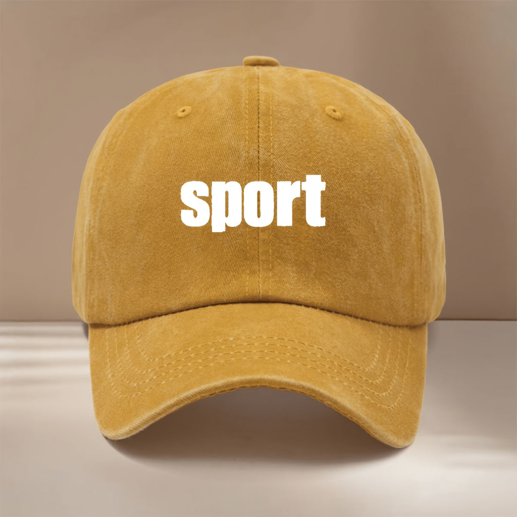 Baseball Cap with "sport" Text Graphic Print, Featuring a Relaxed and Simple Hip-hop Style. Unisex Trucker Hat Suitable for Vacations, Travel, Gatherings, and Camping. Comfortable and Lightweight Duckbill Cap with a Curved Brim That Slims the Face.