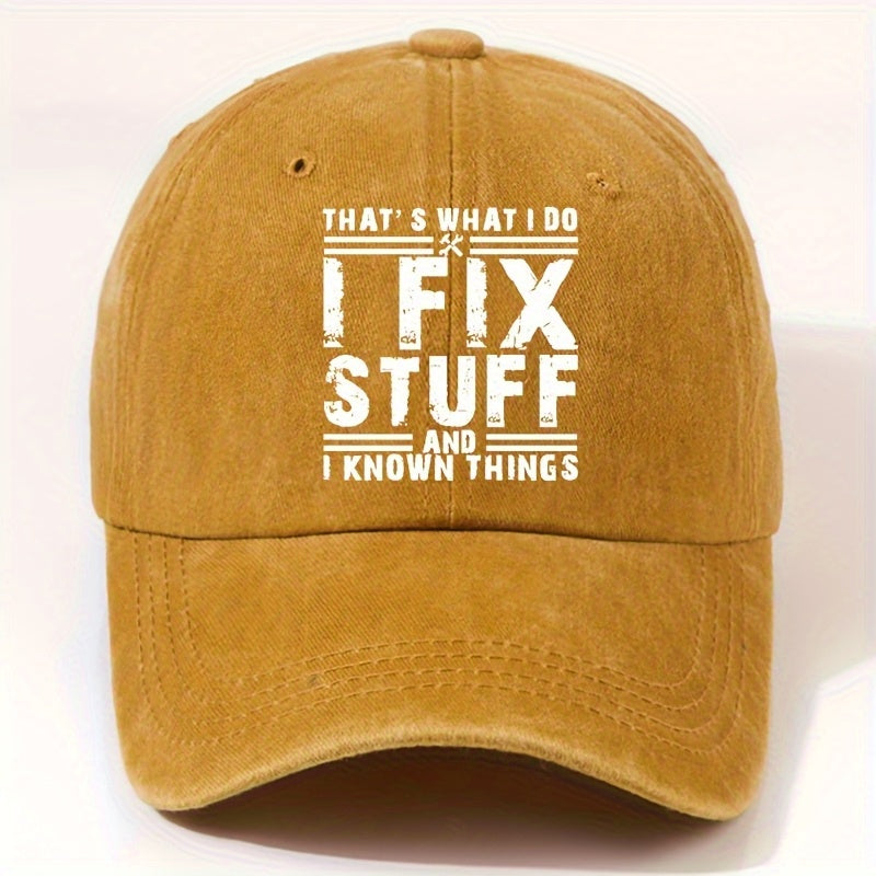 EOXF Vintage Washed Baseball Cap- Black with the Text "I Fix Stuff, " Adjustable Strap, Breathable Six-panel Design, Suitable for Mechanics, DIY Enthusiasts, and Everyday Casual Wear- Unisex Headwear, Vintage Style, Adjustable Size