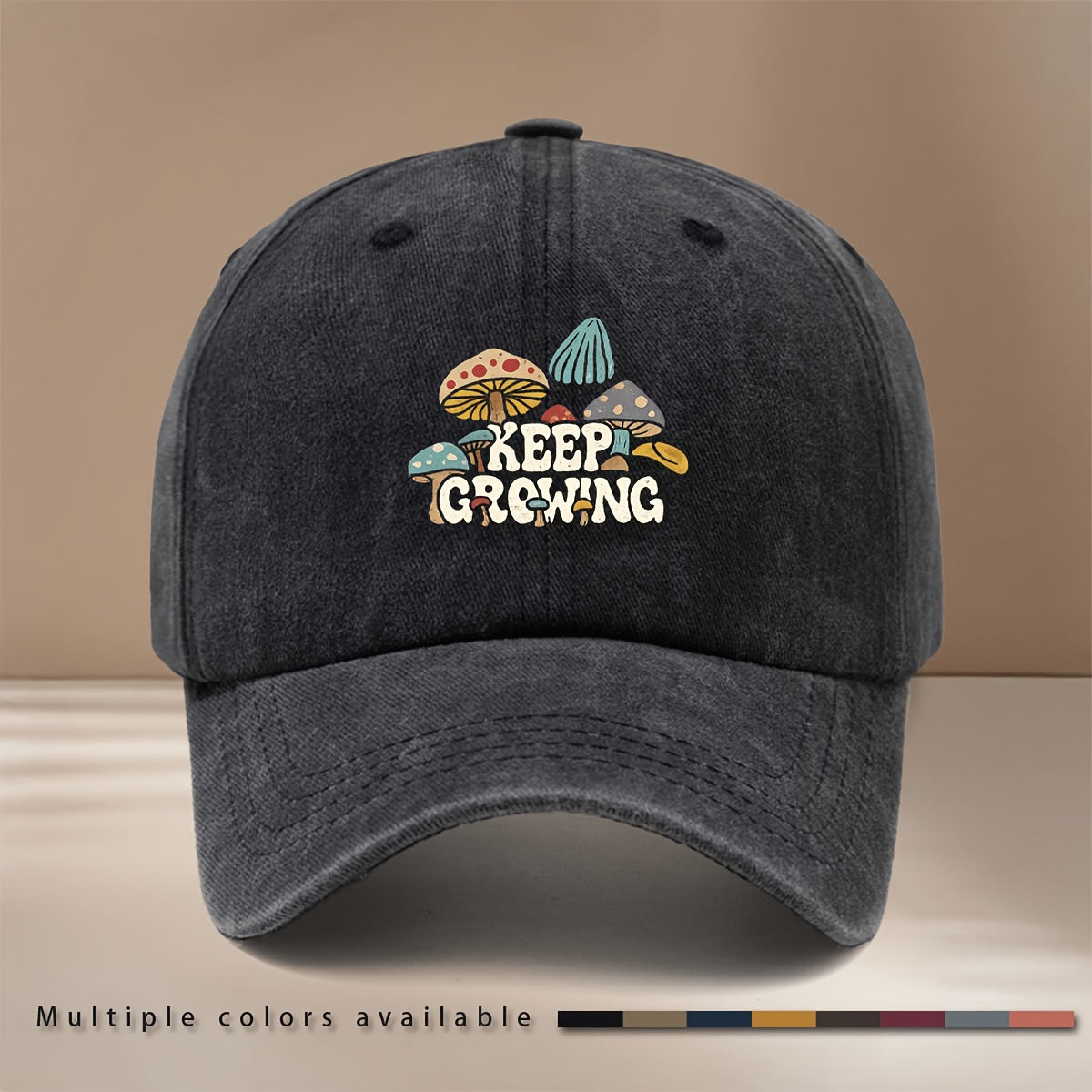 Baseball Cap with "KEEP GROWING" Text and Mushroom Pattern, Suitable for Vacations, Travel, Dinners, and Camping. Six-panel Design with Adjustable Size, Textured Hip-hop Style. Comfortable and Lightweight Curved-brim Cap, Unisex Snapback, Casual Hat