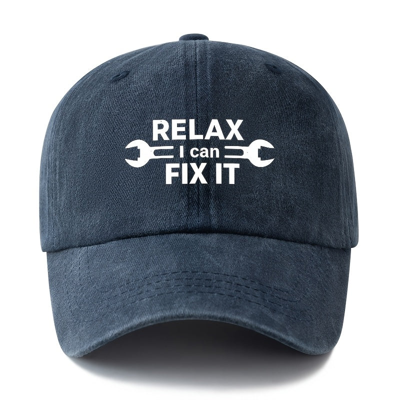 A Unisex Fashionable and Versatile Printed RELAX FIX IT Baseball Cap, Featuring a Classic Vintage Washed Lightweight Curved Brim. This Trucker Baseball Cap Is Suitable for Casual Occasions Such as Outdoor Vacations, Travel, and Camping. It Also Works