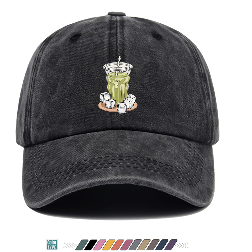 1pc Teal Green Beverage Print Baseball Cap, Featuring a Cup with a Straw, Ice Cubes Scattered Near the Cup, and a Colorful Striped Background. A Stylish and Casual Sun Hat, Unisex and Adjustable. Suitable for Street Trendsetters, Coffee Lovers