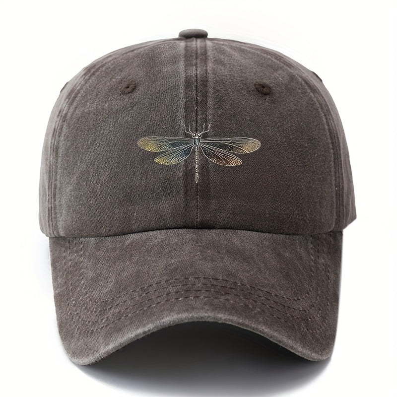 A Unisex Fashion Baseball Cap with a Printed Dragonfly Pattern, Trendy Style for Outdoor Activities, Sun Curved Brim Hat, Adjustable Size for Outdoor Vacations, Travel, Camping, and Casual Wear, a Top Choice for Gifts.