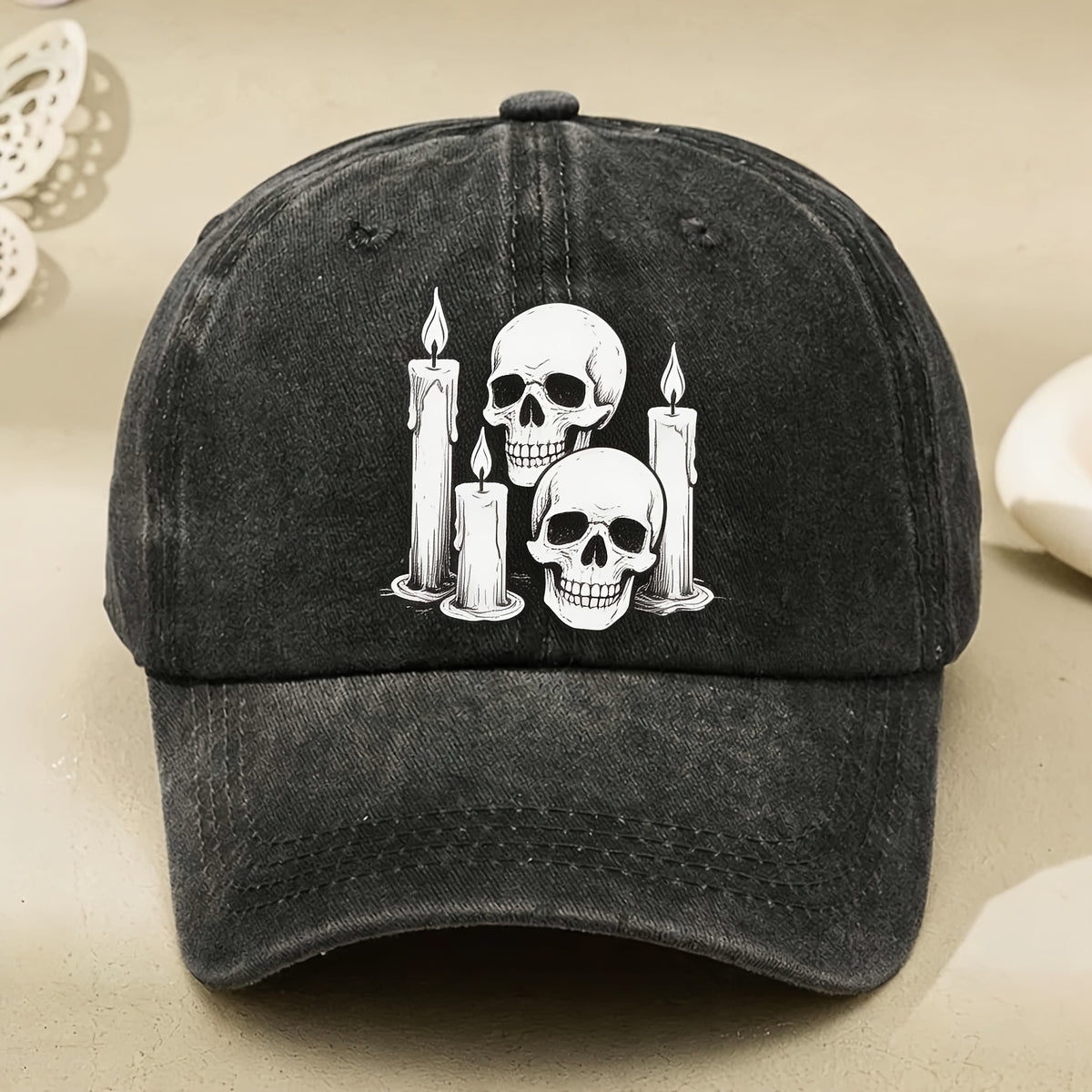 Vintage Gothic Skull & Candle Print Baseball Cap - Unisex Adjustable Gothic Style Hat with Full Skull & Candle, Machine Washable Suitable for Streetwear, Themed Parties, Gifts for And