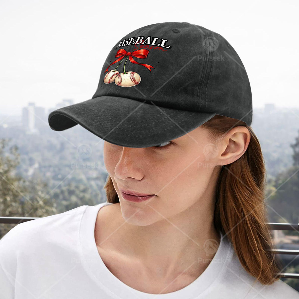 Unisex Vintage Washed Baseball Cap with Cherry Bow, Suitable for Baseball Season