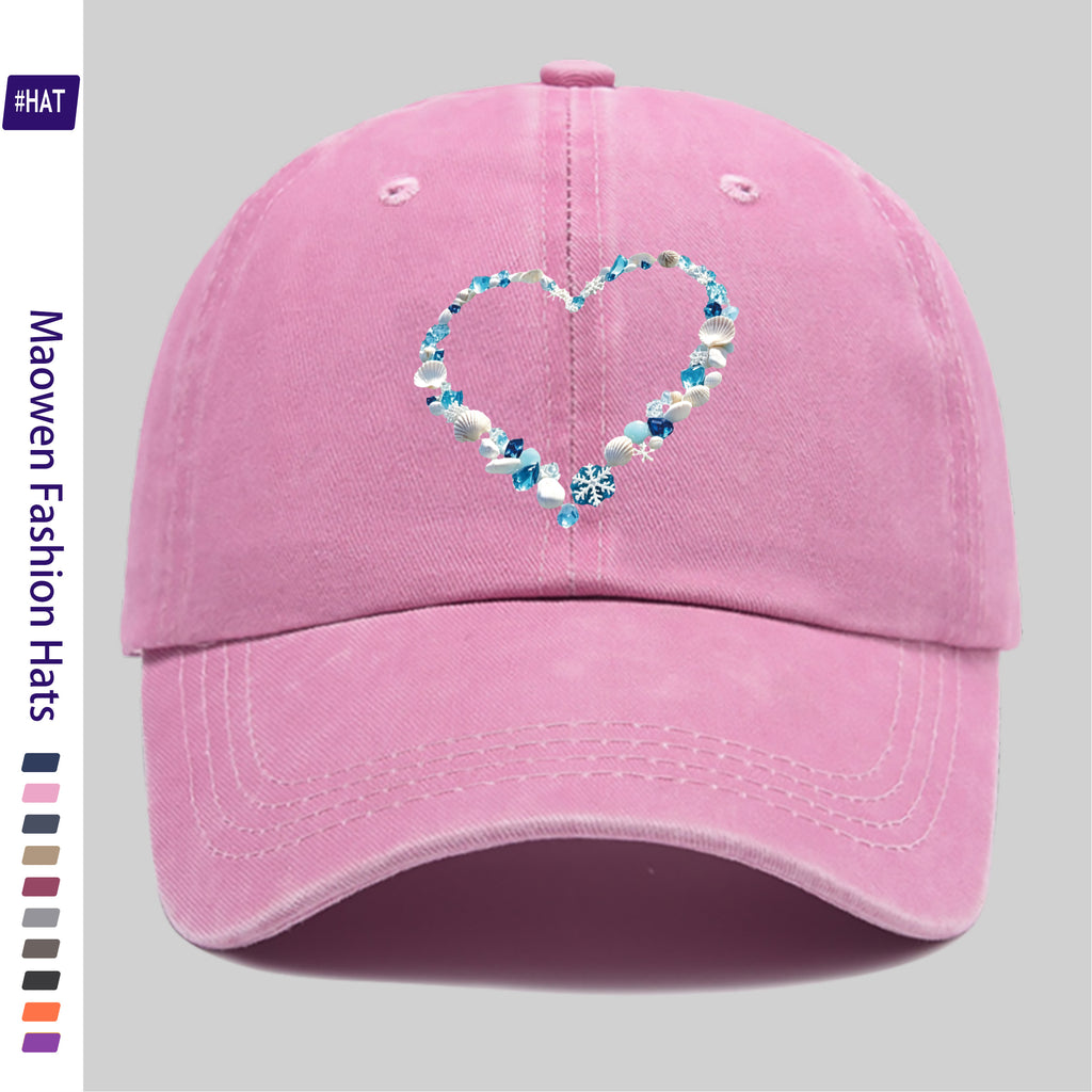 1 Shell and Ice Heart Print Washed Vintage Trucker Dad Hat- Adjustable Snapback Baseball Cap, Suitable for Sports, Outdoor Activities, Travel, and Everyday Casual Wear, Unisex, Lightweight Shell Texture Hat with Shell and Ice Heart Pattern, Durable
