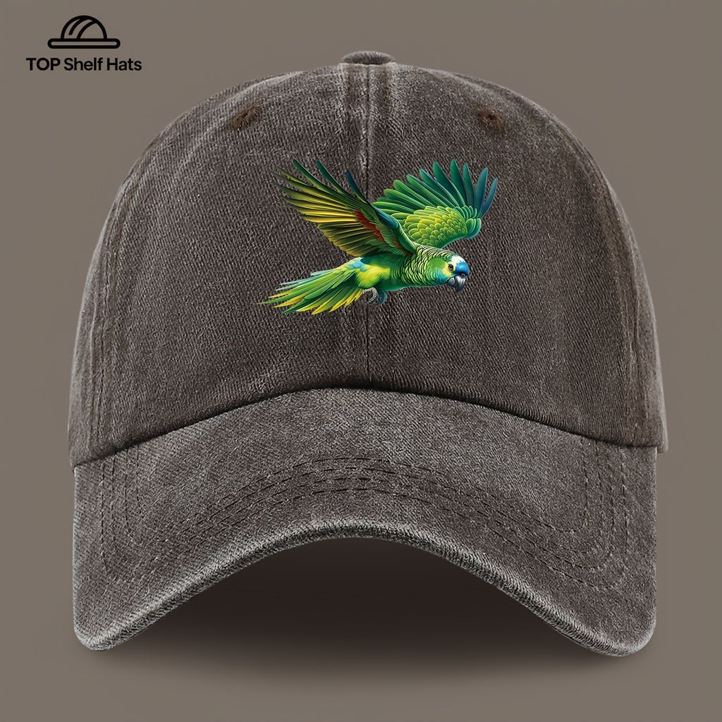 1pc Fashionable Trendy Green Parrot Pattern Design Printed Baseball Cap, Lightweight Comfortable Breathable Adjustable Size, Black PAPA Truck Driver Retro Dad Hat, Mom Beach Vacation Sun Hat, Youth Couple Outdoor Skate Cap