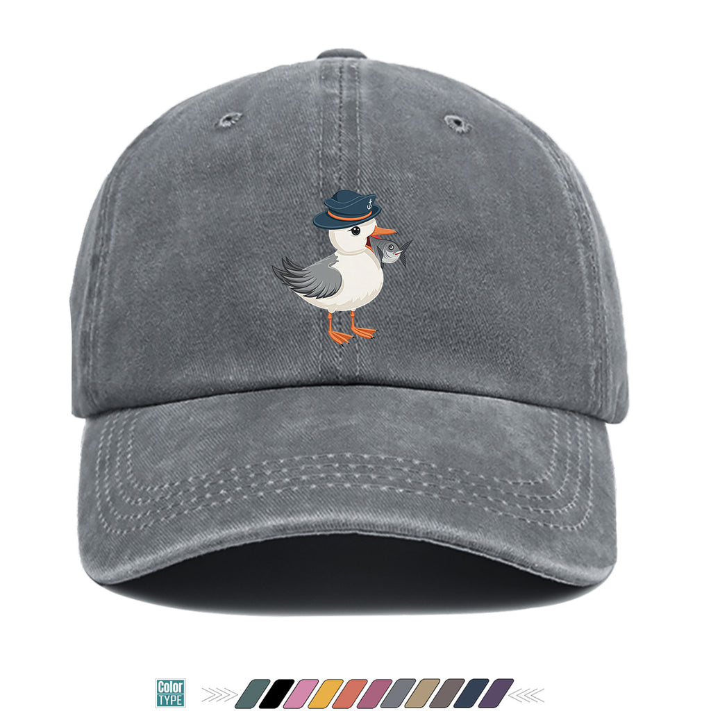 1pc Cartoon Seagull Wearing a Navy Hat with an Anchor Pattern, Holding a Fish in Its Mouth, with a Colorful Geometric Striped Background. Fun Animal Print Baseball Cap, Comfortable And Breathable Sun Hat, Stylish, Individual, And Beautiful