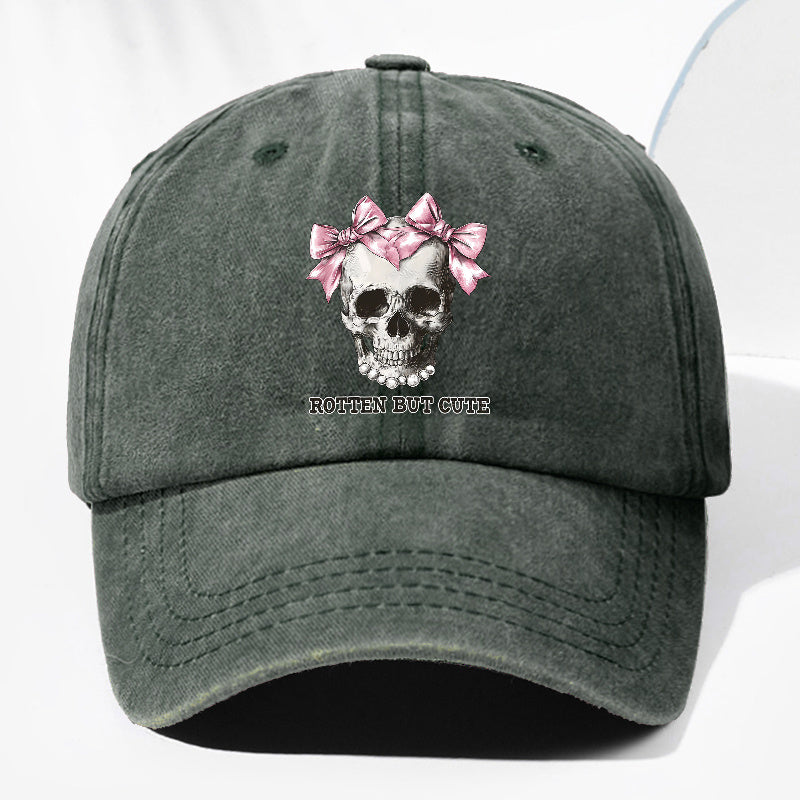 Unisex ROTTE BUT CUTE Letter Skull Print Washed Vintage Baseball Cap Fashion Men Women Sun Hat Adjustable Size Trucker Hat Suitable for All Seasons Daily Wear