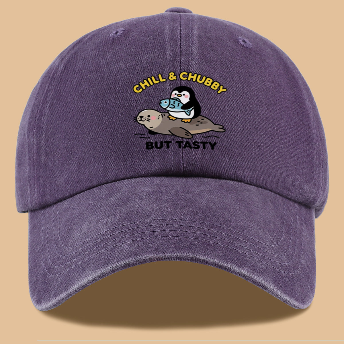 1pc 1pcs "CHILL & CHUBBY BUT TASTY" Penguin Hugging Fish on Seal Print Baseball Cap - Cute Duckbill Cap Suitable for Daily Outfits, Beach Vacations, Student Style, Adjustable Unisex Hat for &, Creative, Park Picnics