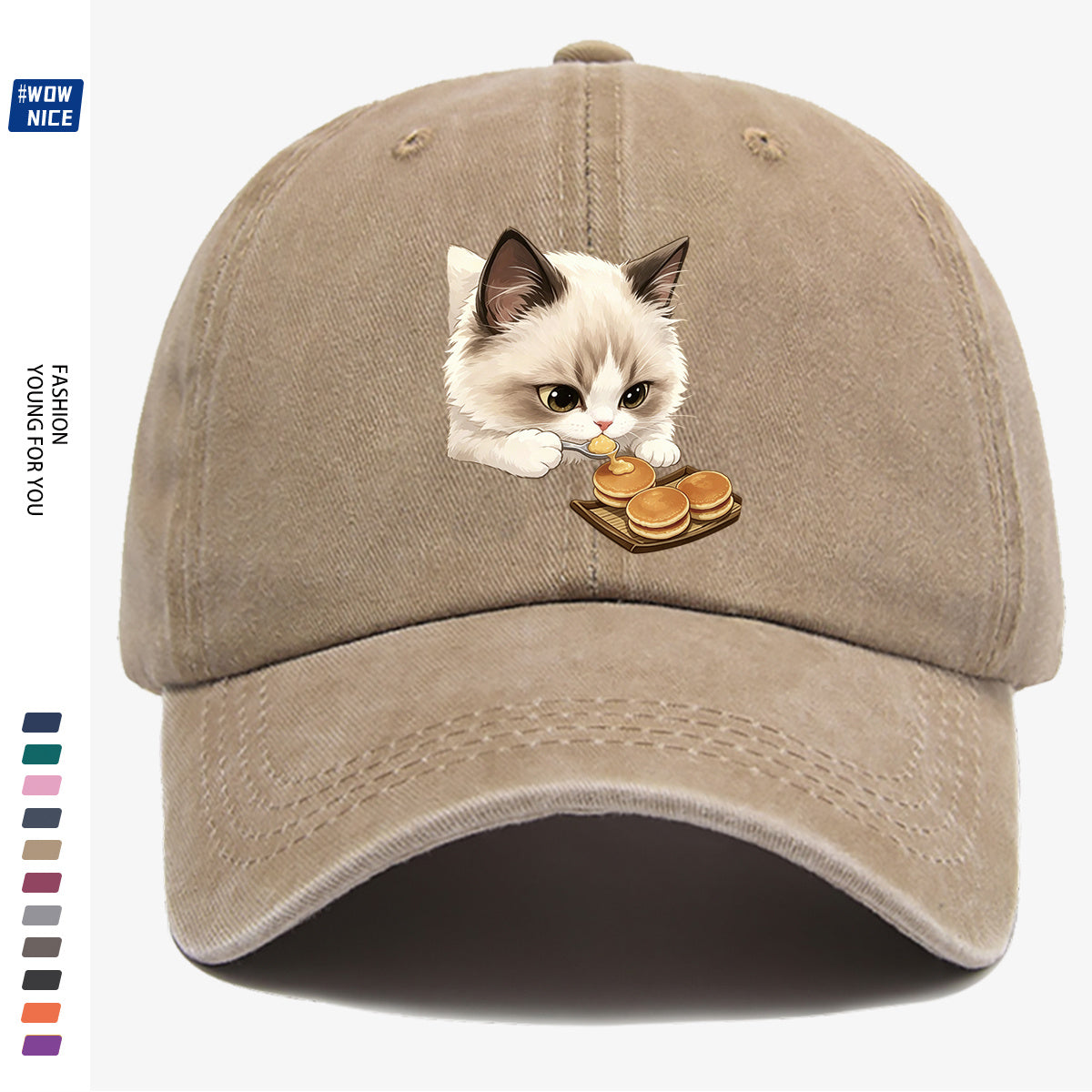 1pc 1pcs Cat Eating Muffin Baseball Cap with Kitten Print - Adjustable Unisex Hat Suitable for Men & Women, Cute, Streetwear, Café Outfits, Daily Wear, Fashionable Cap for Bestie Gatherings & Weekend Outings