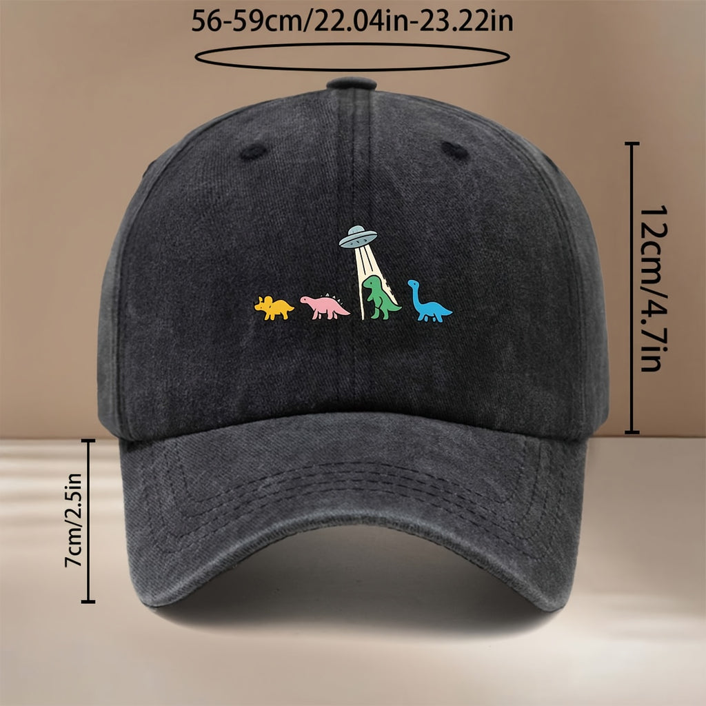 This Is a Baseball Cap with a Dinosaur and UFO Print, Suitable for All Seasons. It Features an Adjustable Size, a Curved Brim, and Is Unisex. The Hat Is Comfortable, Lightweight, and Can Be Worn for Outdoor Sports, Dinners, Camping, or as a  Fashion