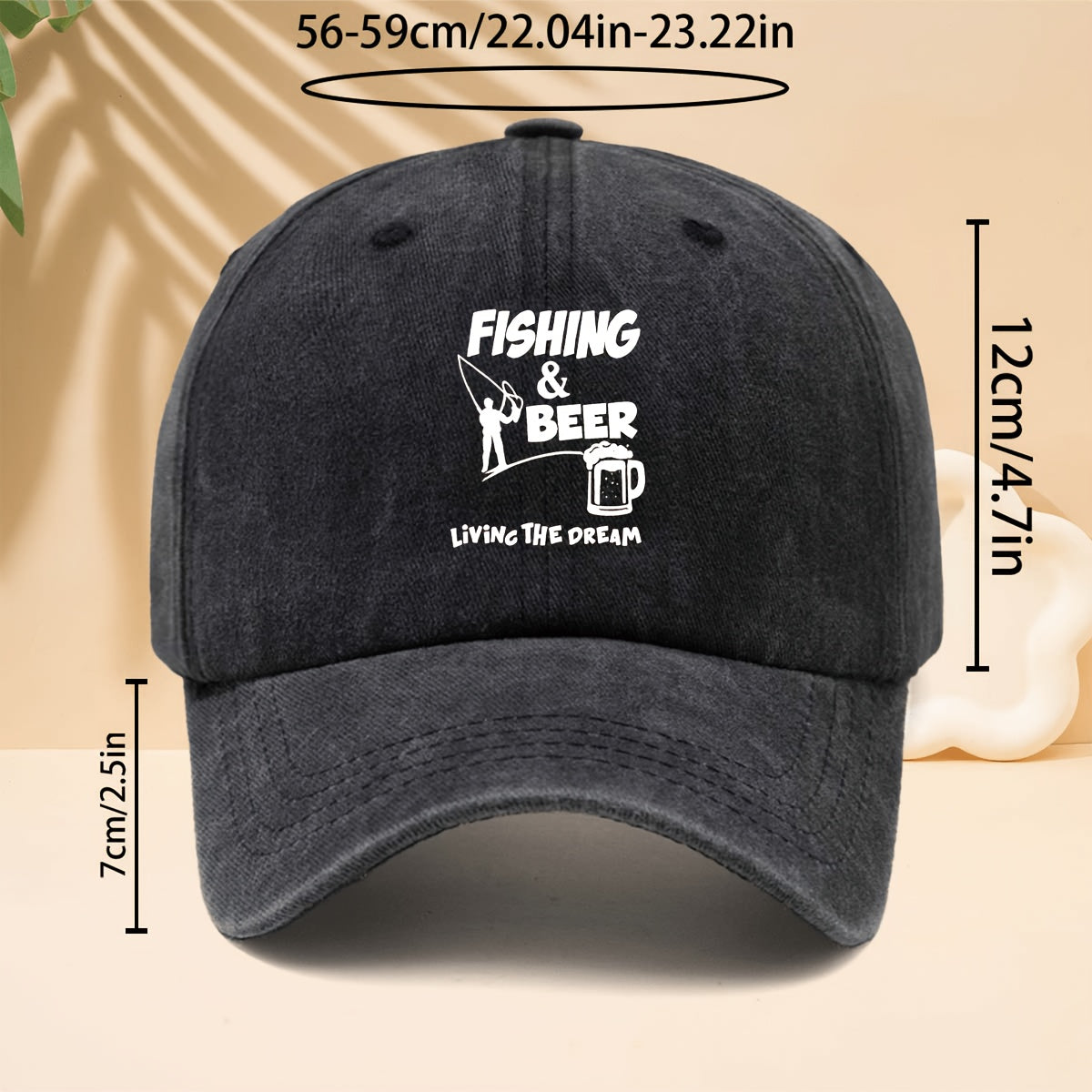 Baseball Cap with FISHING BEER Silhouette Print, American Casual Outdoor Lifestyle Design, Adjustable Size Unisex Casual Hat, All-Season Versatile Neutral Style, Curved Brim Hat for Outdoor Fishing, Parties, And Hip-Hop Style, Soft Top Design