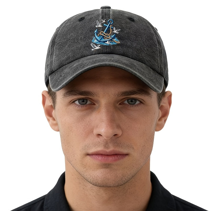 Unisex, Fashionable And Versatile Printed Nautical Anchor Baseball Cap, Classic Retro Washed Outdoor Lightweight Curved Brim Cap, Trucker Baseball Cap, Suitable for Outdoor Vacations, Travel, Camping, And Other Casual Occasions, Hip-Hop Style Cap