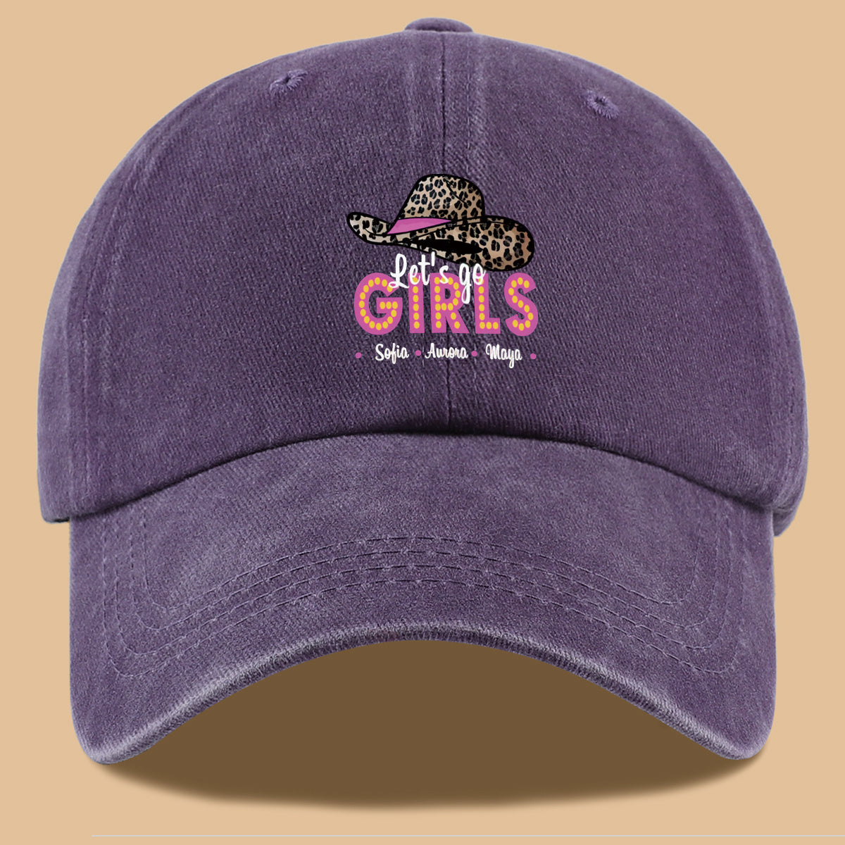 1pc Leopard Print Wide Brim Baseball Cap, Pink Brim with "Let'S Go GIRLS" Neon Style Letters, Adorned with Sofia, Aurora, Maya Names. Fashionable And Individual Sun Hat, Adjustable Size. Bestie Outing Hat, Sister Gathering Hat