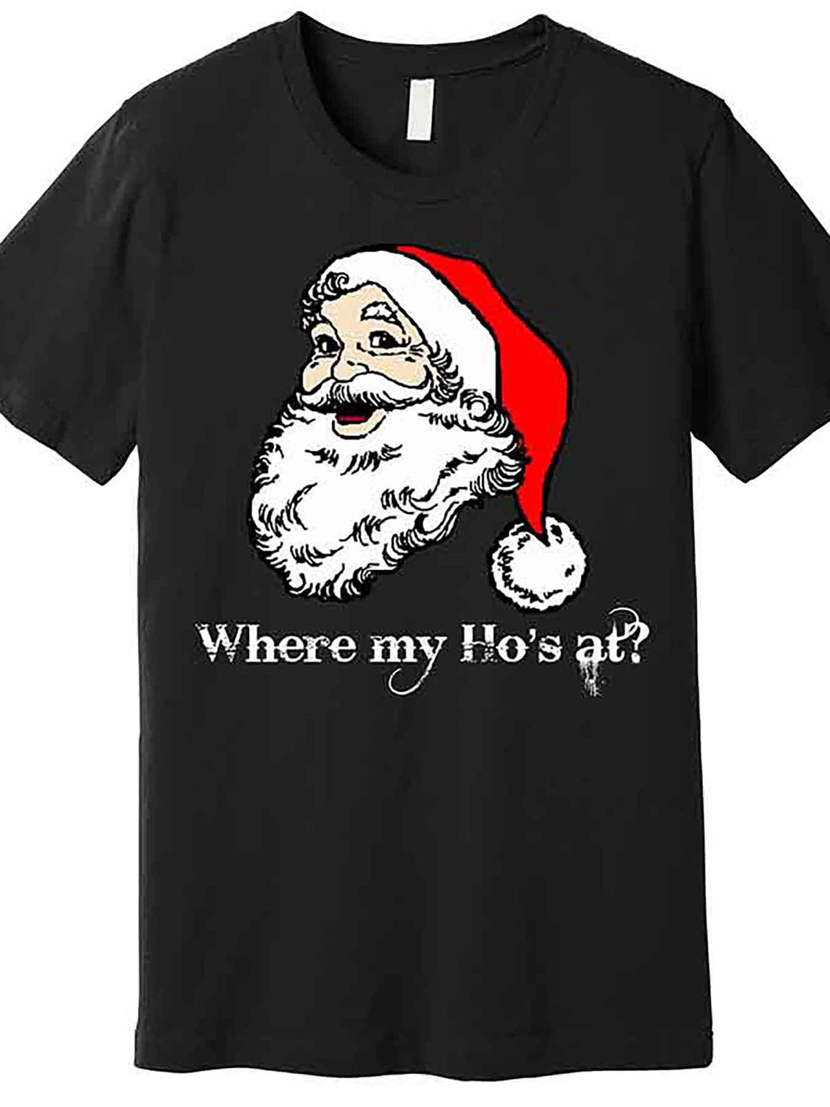Santa's Ho Funny Christmas Premium T-Shirt for Men - Humorous Santa Graphic & "Where My Ho's At?" Text, Regular Fit Short Sleeve Casual Tee, Machine Washable Black Holiday Party Shirt, Christmas Shirts