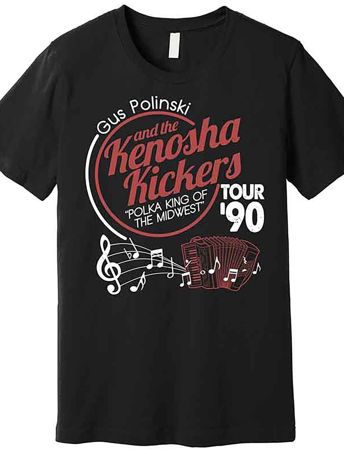 [Comfortable] Men's Black Graphic T-Shirt - Gus Polinski & The Kenosha Kickers 1990 Tour Design, Casual Short Sleeve Cotton Tee with Polka King of the Midwest Logo, Machine Washable
