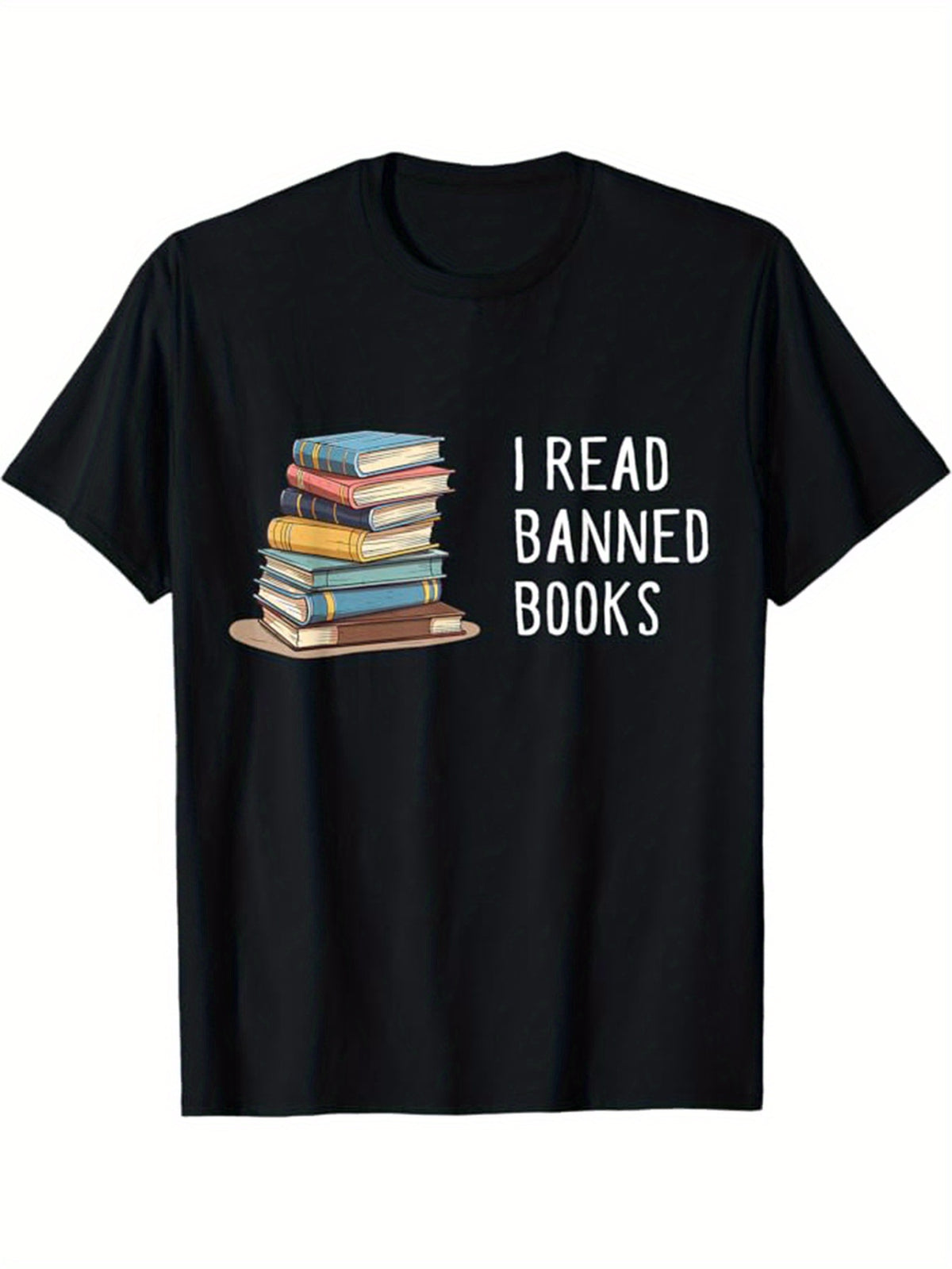 I READ BANNED BOOKS Letter Print And Book Stack Pattern T-shirt For Men, Pure Cotton Short Sleeve Tee, Summer Top For Casual Wear