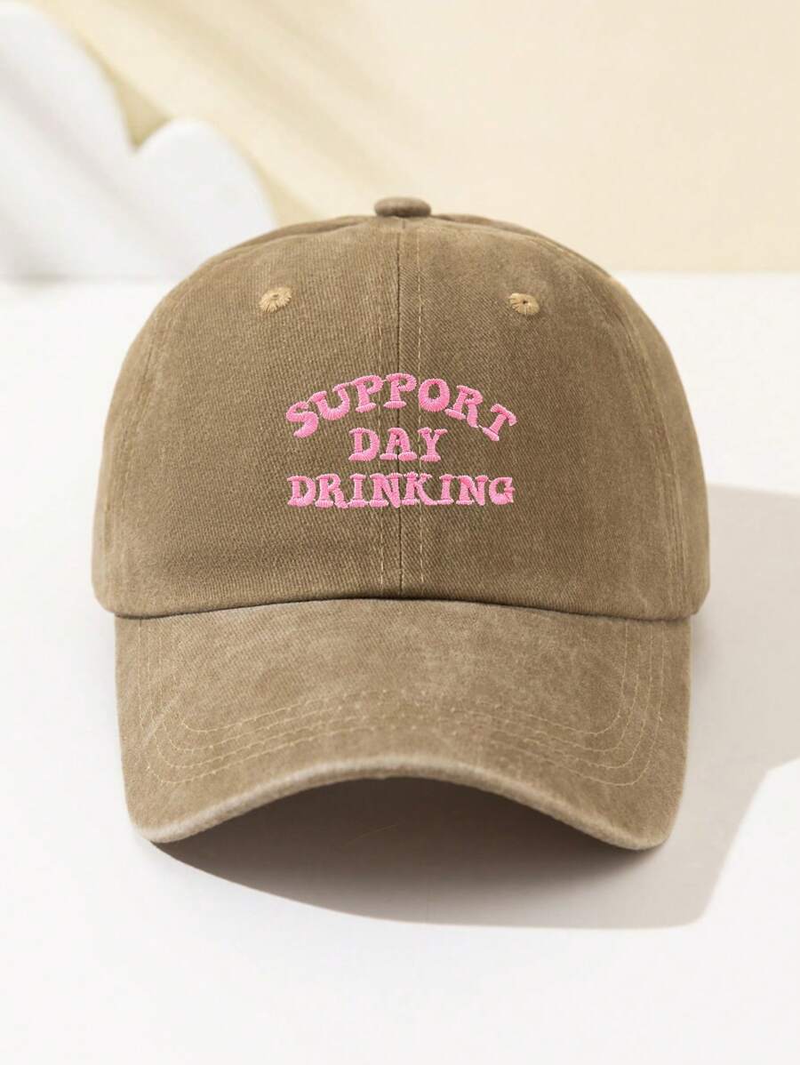 1 Stück modische Softtop-Baseballkappe für Damen mit gesticktem Text "SUPPORT DAY DRINKING", verstellbar, atmungsaktiv, geeignet für Outdoor-Sport, Camping, Strand, Urlaubsgeschenk