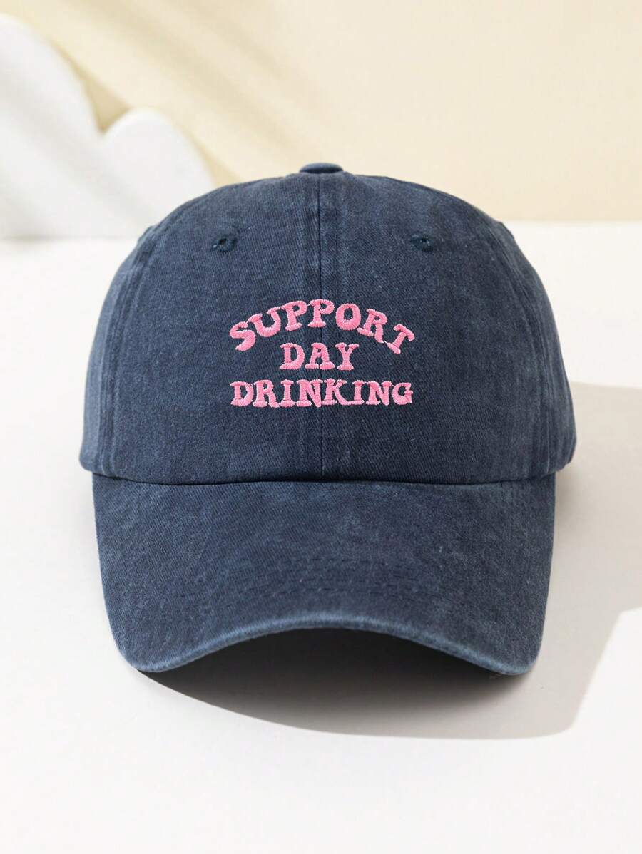 1 Stück modische Softtop-Baseballkappe für Damen mit gesticktem Text "SUPPORT DAY DRINKING", verstellbar, atmungsaktiv, geeignet für Outdoor-Sport, Camping, Strand, Urlaubsgeschenk