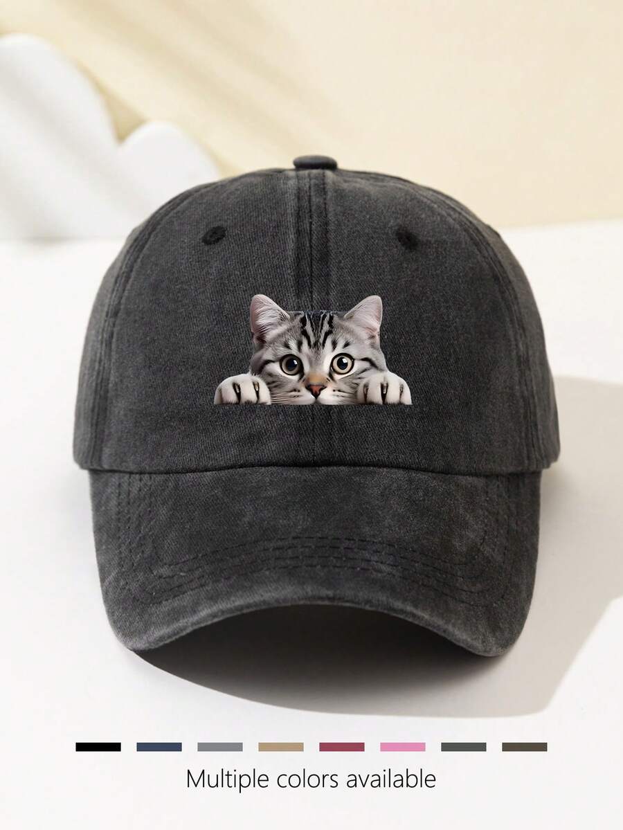 1 Stück Damen-Baseballkappe mit Halbmond- und Katzen-Print, weiches Oberteil, süßes Tiermuster, verstellbare Kappenkrempe für Outdoor, Sport, Camping, Urlaub, Weihnachtsgeschenk