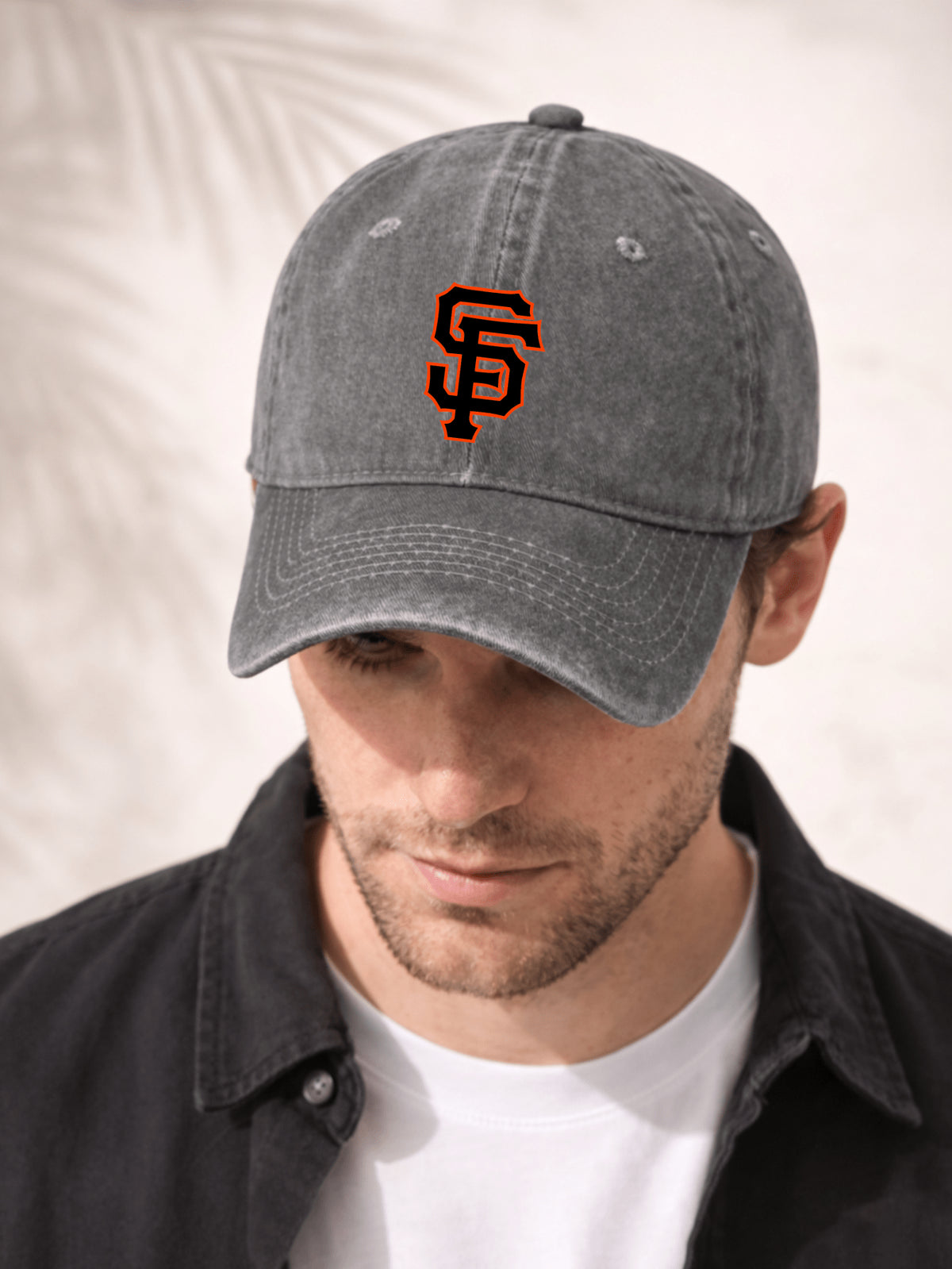 Washed Denim Baseball Cap Unisex Adjustable Hat For Men And Women Fashionable Casual Sporty Look Front Embroidered With Bold Black And Orange Sf Monogram Logo Design Perfect For Outdoor Activities Daily Wear Travel And Leisure Comfortable Fit With Breatha