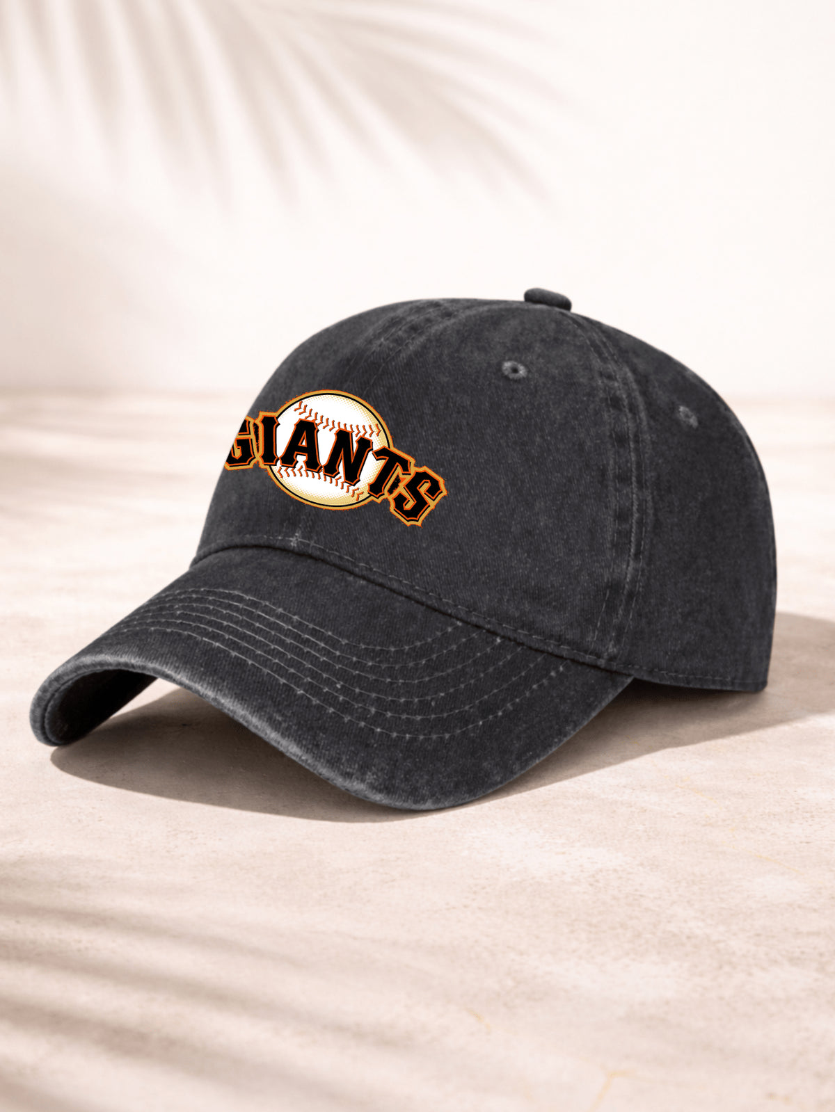 Washed Denim Baseball Cap For Men And Women Casual Sporty Style Adjustable Hat With Team Logo Design Giants Baseball Inspired Embroidered Logo On Front Panel Classic Orange And Black Lettering Over White Ball Pattern Perfect For Everyday Wear Outdoor Acti