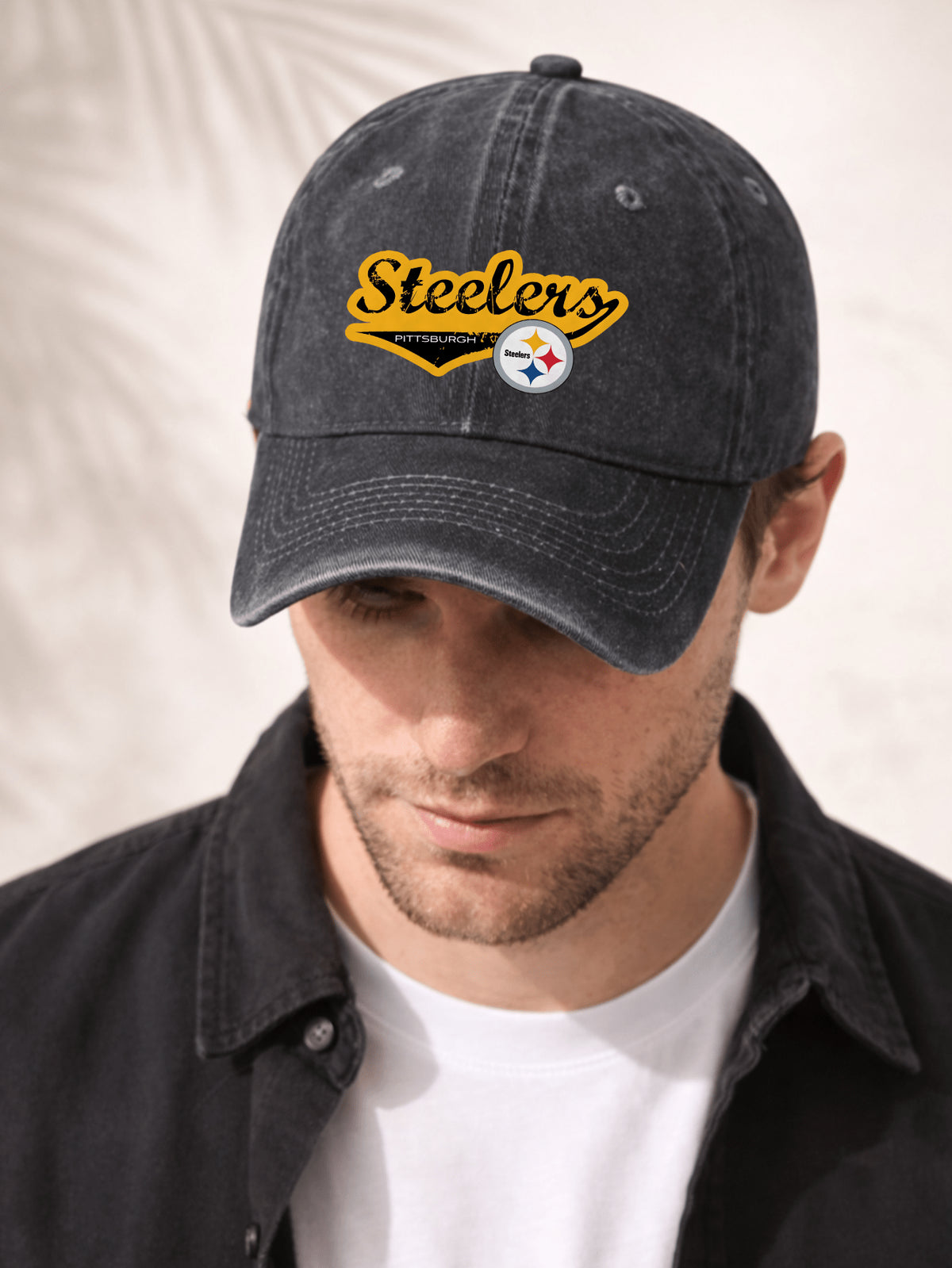 Washed Denim Baseball Cap For Men Women Fashionable Streetwear Accessory Pittsburgh Steelers Logo Embroidered Design With Team Name And Iconic Emblem Perfect For Casual Outings Sports Events And Everyday Wear Adjustable Fit For Comfort And Style
