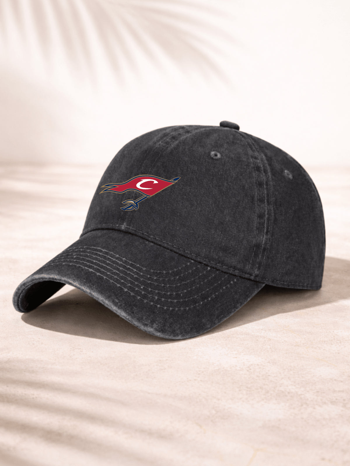Washed Denim Baseball Cap For Men Women Fashionable Casual Hat With Logo Design Red Flag And Letter C Embroidered On Front Classic Vintage Style Detailing Perfect For Outdoor Activities Sports Events Daily Wear Adjustable Fit Comfortable Breathable Fabric