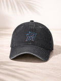 Washed Denim Baseball Cap Unisex Fashion Hat For Men And Women Casual Outdoor Sport Style Adjustable Fit Miami Marlins Logo Embroidered Design Classic Team Spirit With Blue And Red Color Detailing Perfect For Daily Wear Beach Outings Sports Events And Tra