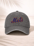 Washed Denim Baseball Cap For Men And Women Fashionable Sporty Hat With Team Logo Design Mets Script Embroidered Front Print In Blue And Orange Colorful Detailing Perfect For Casual Outings Outdoor Activities And Sports Events Adjustable Fit For Comfort A