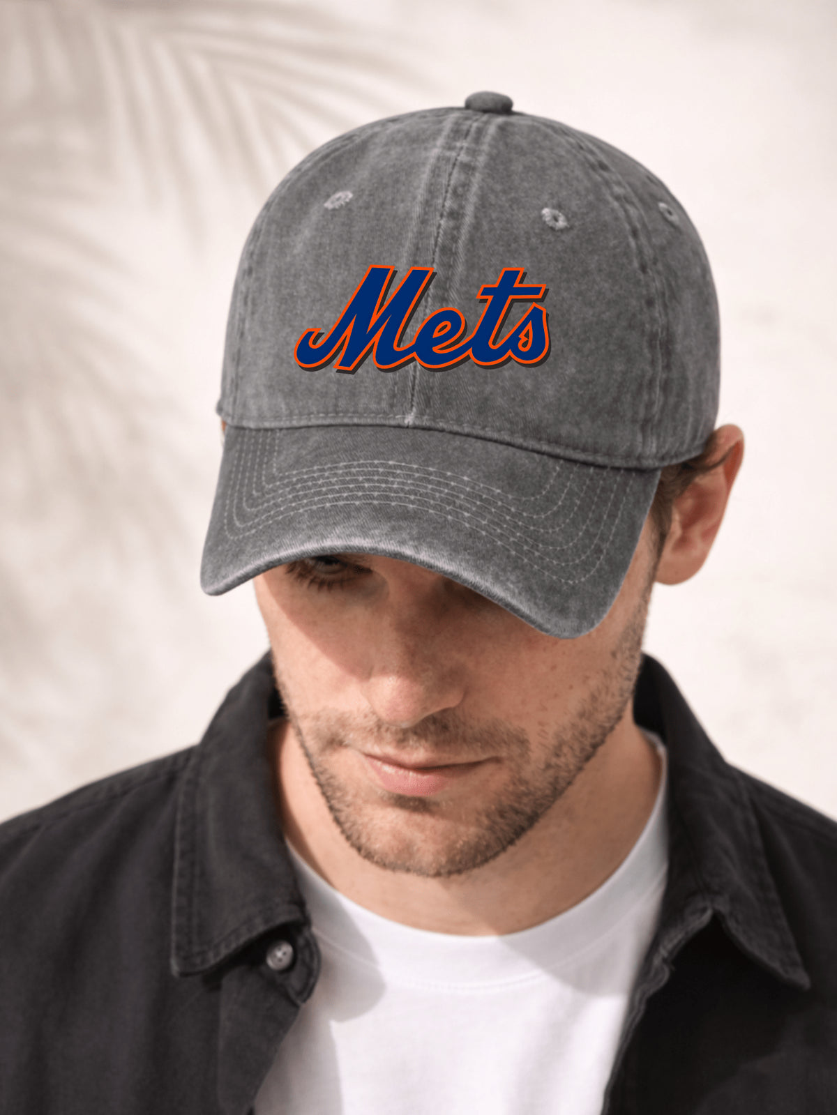 Washed Denim Baseball Cap For Men And Women Fashionable Sporty Hat With Team Logo Design Mets Script Embroidered Front Print In Blue And Orange Colorful Detailing Perfect For Casual Outings Outdoor Activities And Sports Events Adjustable Fit For Comfort A