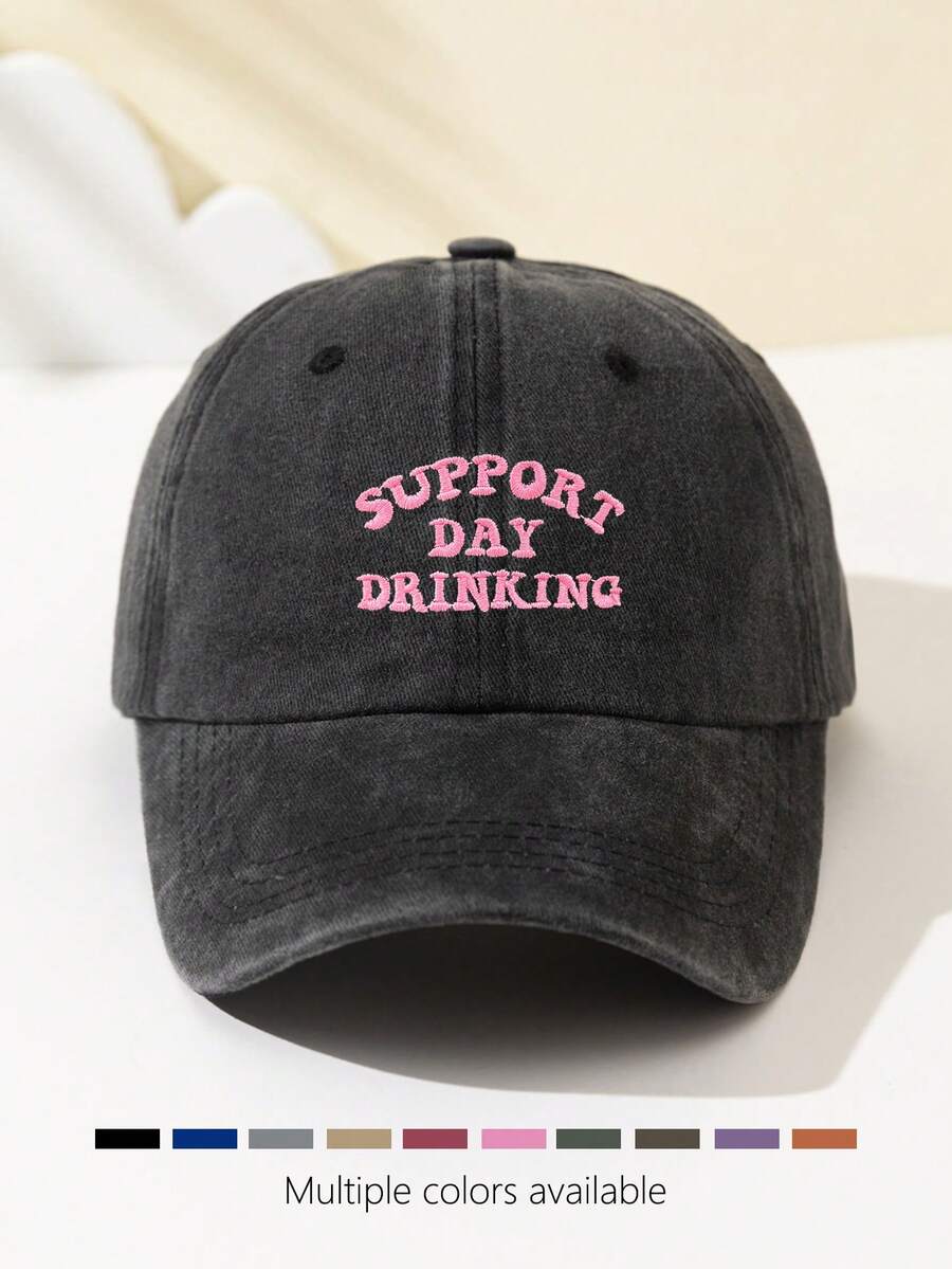 1 Stück modische Softtop-Baseballkappe für Damen mit gesticktem Text "SUPPORT DAY DRINKING", verstellbar, atmungsaktiv, geeignet für Outdoor-Sport, Camping, Strand, Urlaubsgeschenk