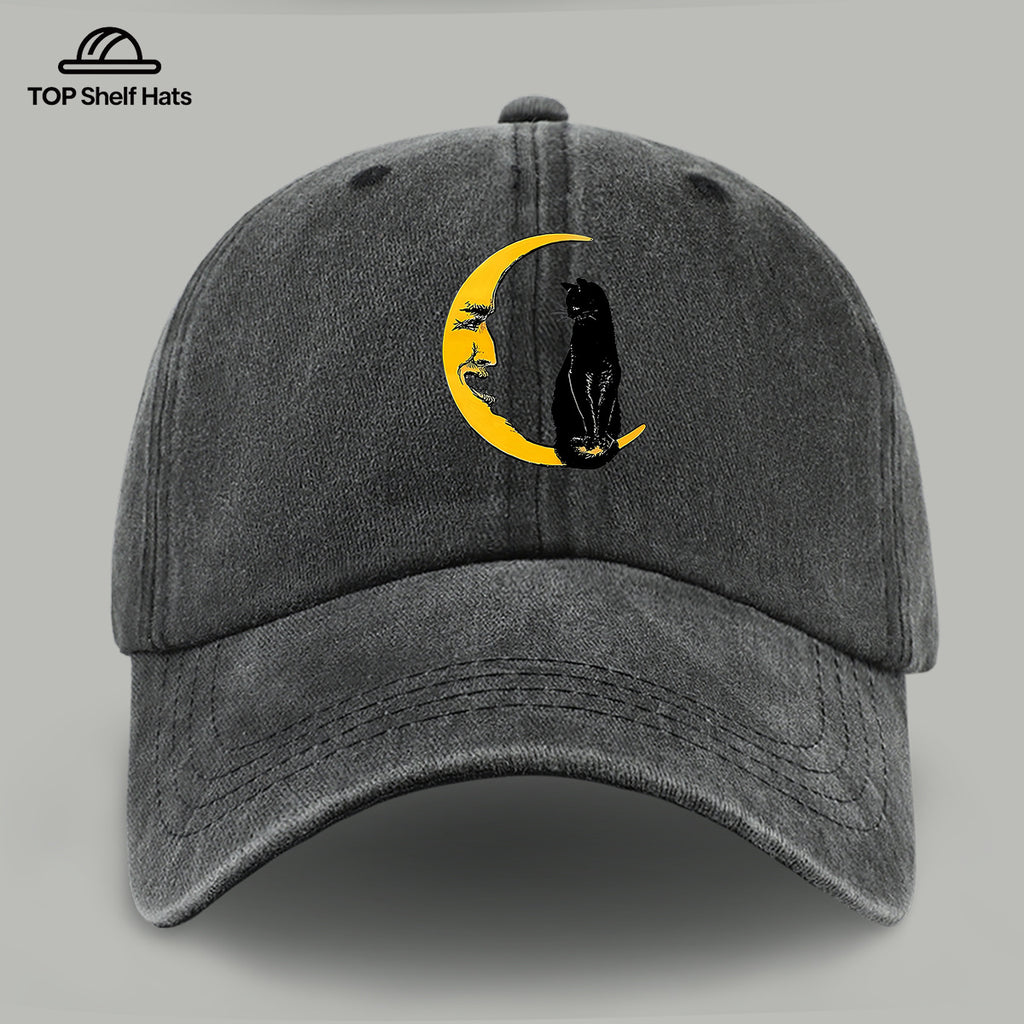 1pc Moon Cat Print Baseball Cap, Creative Illustration Sun Hat, Lightweight Comfortable Breathable Adjustable Size, Black PAPA Truck Driver Retro Dad Hat, Mom Beach Vacation Sun Hat, Youth Couple Outdoor Skate Hat