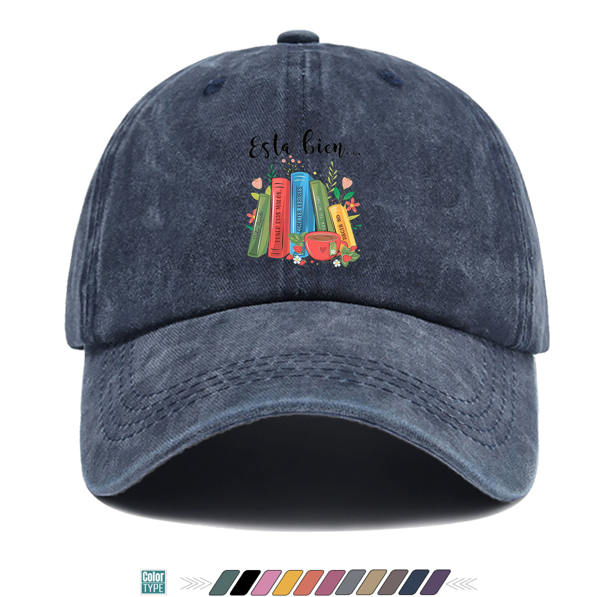 1pc Colorful Books And Teacup Illustration Printed Baseball Cap, Comfortable Breathable Sun Hat, Fashionable Aesthetic Unisex Hat, Adjustable Size, Casual Streetwear, Literary Youth Reading Cap, Suitable for Bookstore Check-In, Cafe Gatherings