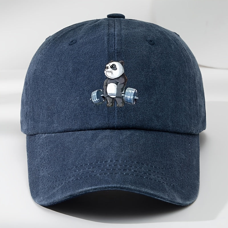 Cartoon Panda Print Baseball Cap with Panda Face - Washed Distressed Flat Brim Hat, Soft Top Moisture-Wicking Breathable Cap Suitable for, Casual Wear & Panda-Themed Outfits
