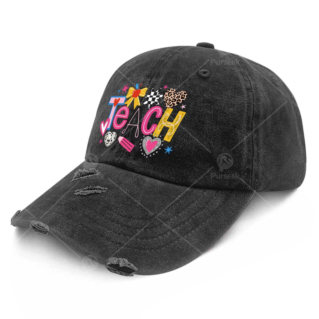 Teach Lovess Learnss Unisex Trucker Hat with Iconic Print - Adjustable Snapback Cap, Lightweight Vintage Washed Baseball Cap Suitable for All Seasons, Machine Washable for Men & Women, Casual Wear, Classic Round-Top Design