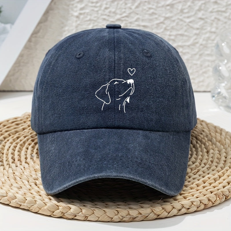 Women's Vintage Washed White Baseball Cap with Black Labrador Print- Soft and Lightweight All-Season Non-Elastic Cap, Wide Brim Design, Suitable for Leisure and Dog Walking, Hand Washable Pet Lover Accessory, Women's Hat, Women's Hat, Women's Hat, W