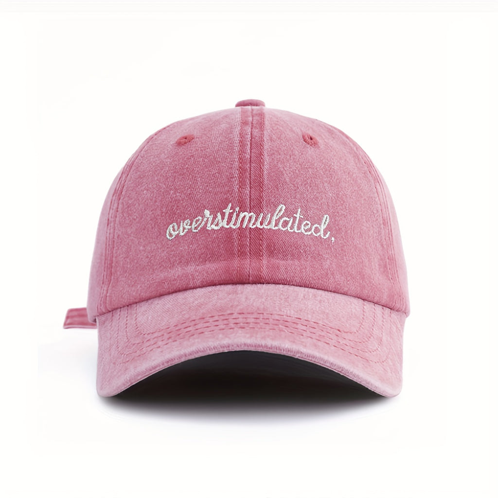 Overstimulated Letter Women'S Washed Baseball Cap, Fashionable Outdoor Retro Street Urban Style Unisex Baseball Cap Curved Brim Dad Hat Sun Hat Suitable for Vacation Beach Travel Cycling