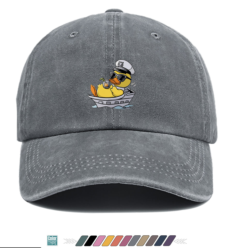 1pc Cartoon Captain Duck Printed Baseball Cap, Yellow Duck Wearing Captain Hat And Glasses, Sitting on Yacht with Drink, Fun Trendy Sun Hat, Unisex Adjustable Casual Street Fashion Hat, Outdoor Play Vacation Hat, Beach Seaside Sunshade Hat