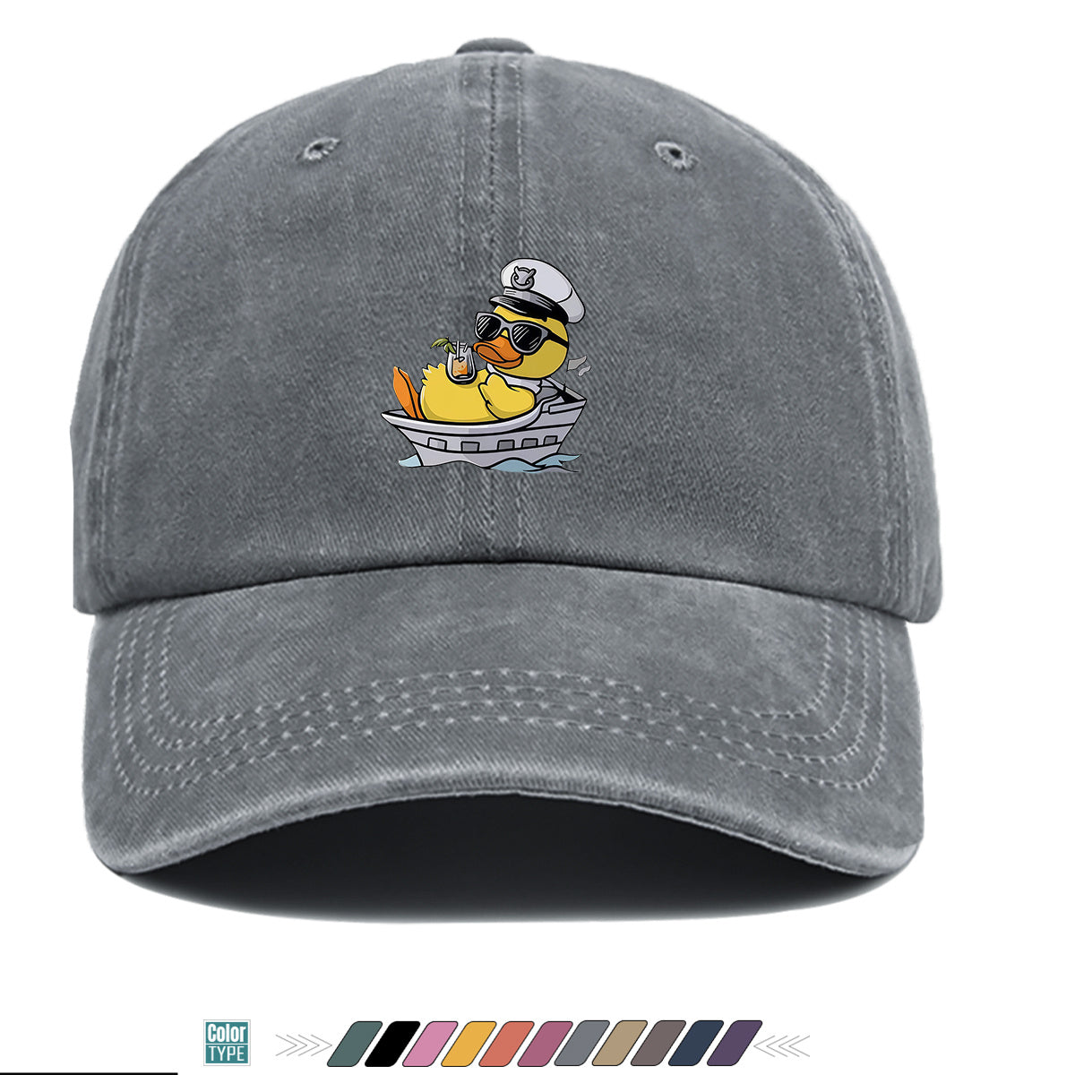 1pc Cartoon Captain Duck Printed Baseball Cap, Yellow Duck Wearing Captain Hat And Glasses, Sitting on Yacht with Drink, Fun Trendy Sun Hat, Unisex Adjustable Casual Street Fashion Hat, Outdoor Play Vacation Hat, Beach Seaside Sunshade Hat