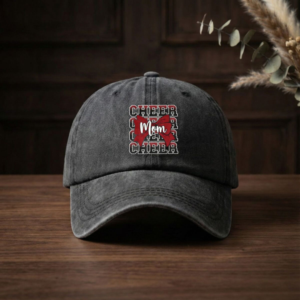 Cheer Mom Bow Squad Text American Retro Washed Distressed Printed Baseball Cap for Men and Women, Suitable for Spring and Autumn, Outdoor Sun Hat,  Trendy Hip-hop Duckbill Cap