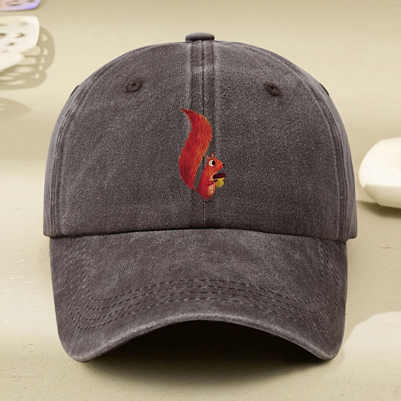 Little Squirrel Cartoon Print Women'S Baseball Cap, Spring/Summer Versatile Vintage Soft Top Duckbill Cap, Dad Hat, Distressed Washed Cap, Outdoor Personalized Soft Top Hat, Unisex Hat, Distressed Washed Hat, Men'S Hat, Women'S Hat