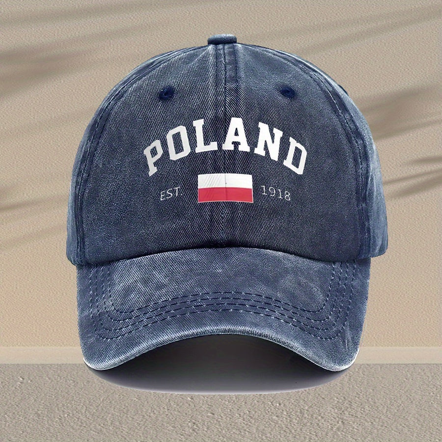 Unisex Vintage Washed Baseball Cap - Adjustable Breathable Trucker Hat with "Poland" Lettering Distressed Style, Lightweight Casual Dad Hat for Outdoor Activities, Black, Non-Stretch Fabric
