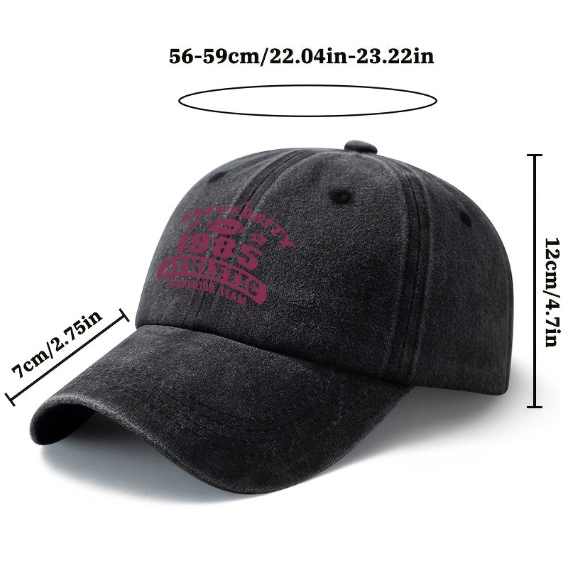 A Unisex Fashionable and Versatile Printed UNIVERSITY 1985 Baseball Cap, Featuring a Classic Vintage Washed Outdoor Lightweight Curved Brim. This Trucker Baseball Cap Is Suitable for Casual Occasions Such as Outdoor Vacations, Travel, and Camping