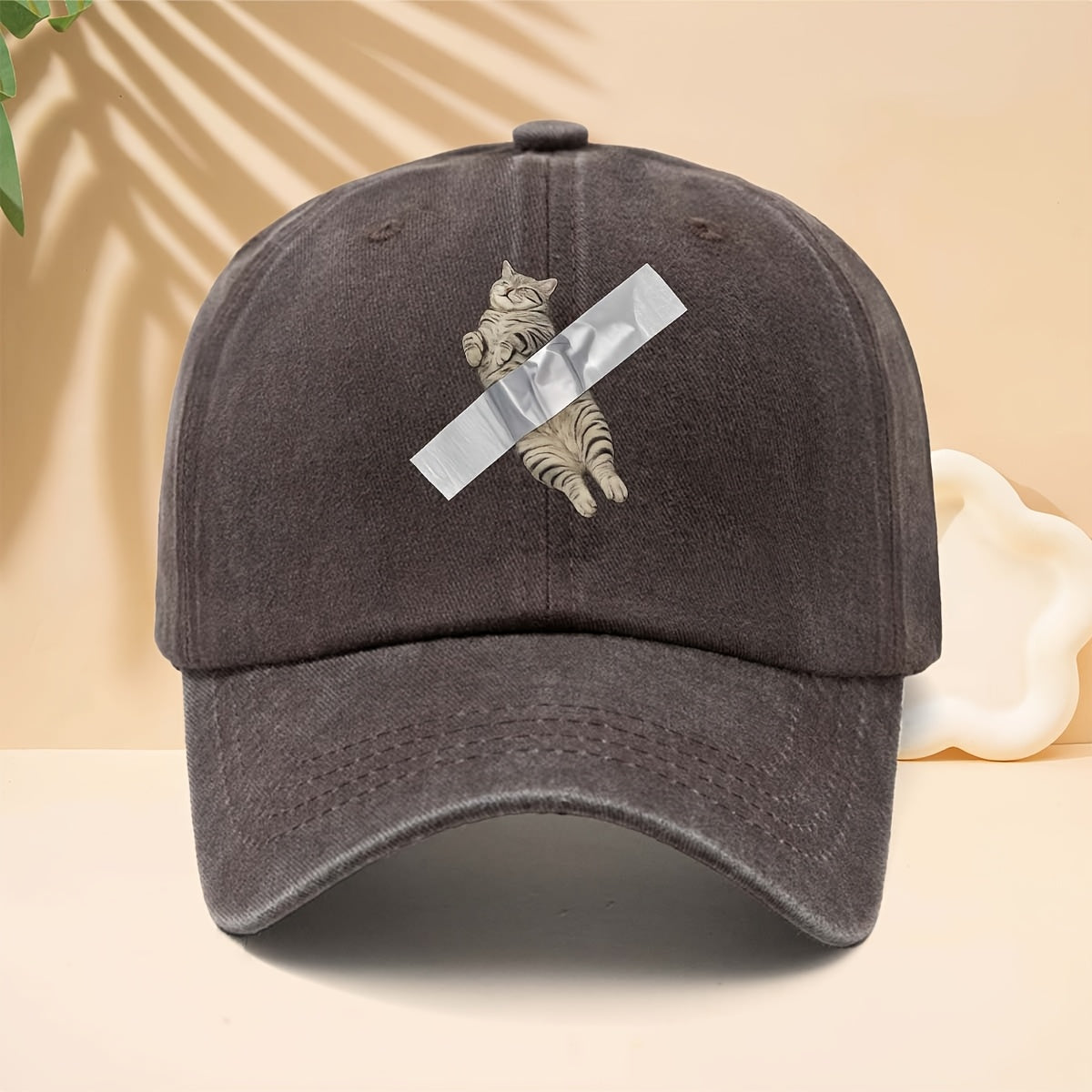 Adjustable Cat Tape-Printed Baseball Cap with Tape-Themed Tab & Curved Brim - Soft Top Trucker Hat Suitable for All- Wear, Unisex for Men & Women, Casual, Parties, Hip-Hop Outfits - Durable Comfortable Design
