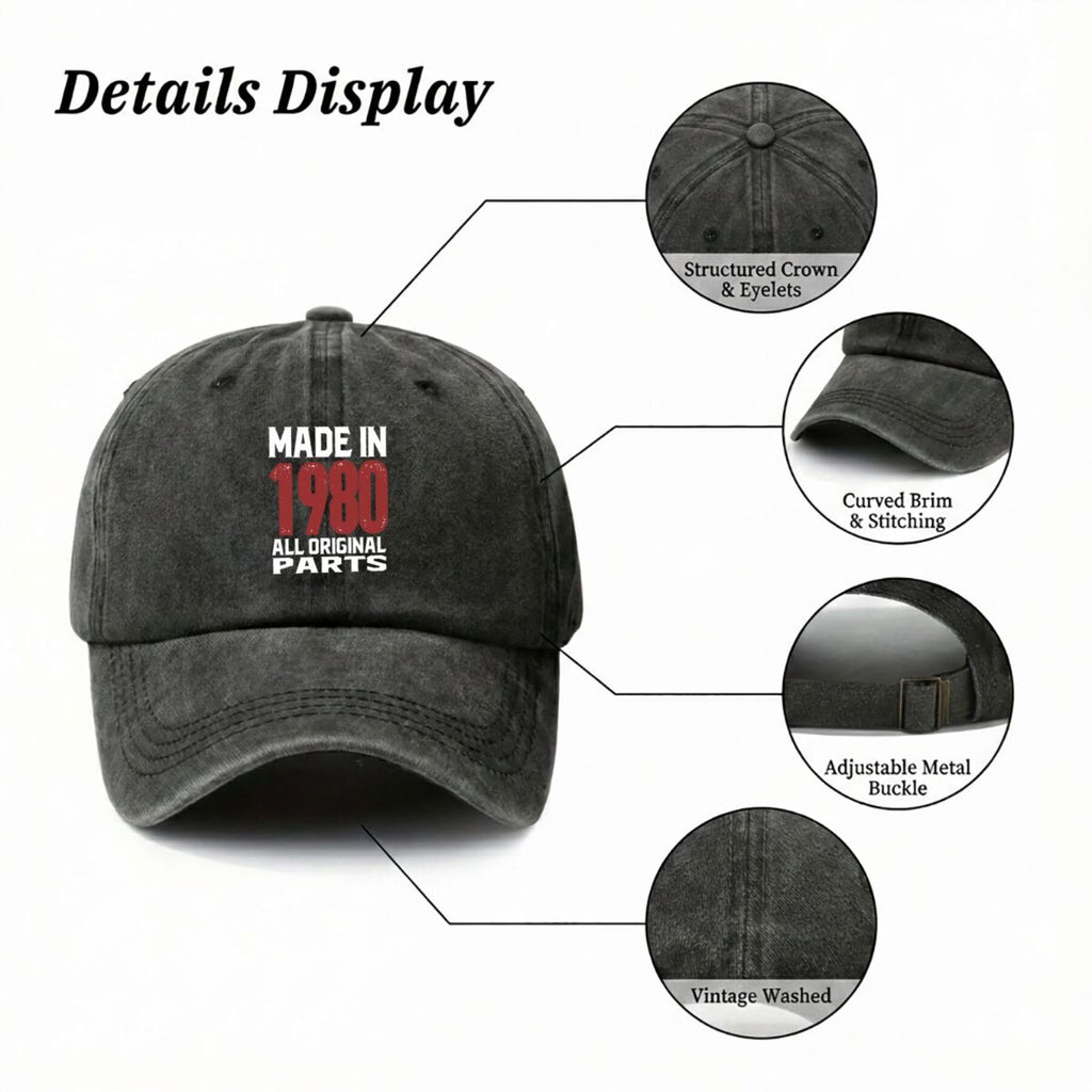 1980 "All Original Parts" Distressed Retro Text Vintage Washed Duckbill Cap Unisex Outdoor Baseball Cap Adjustable Washed Vintage Style Lightweight Breathable Golf Cap