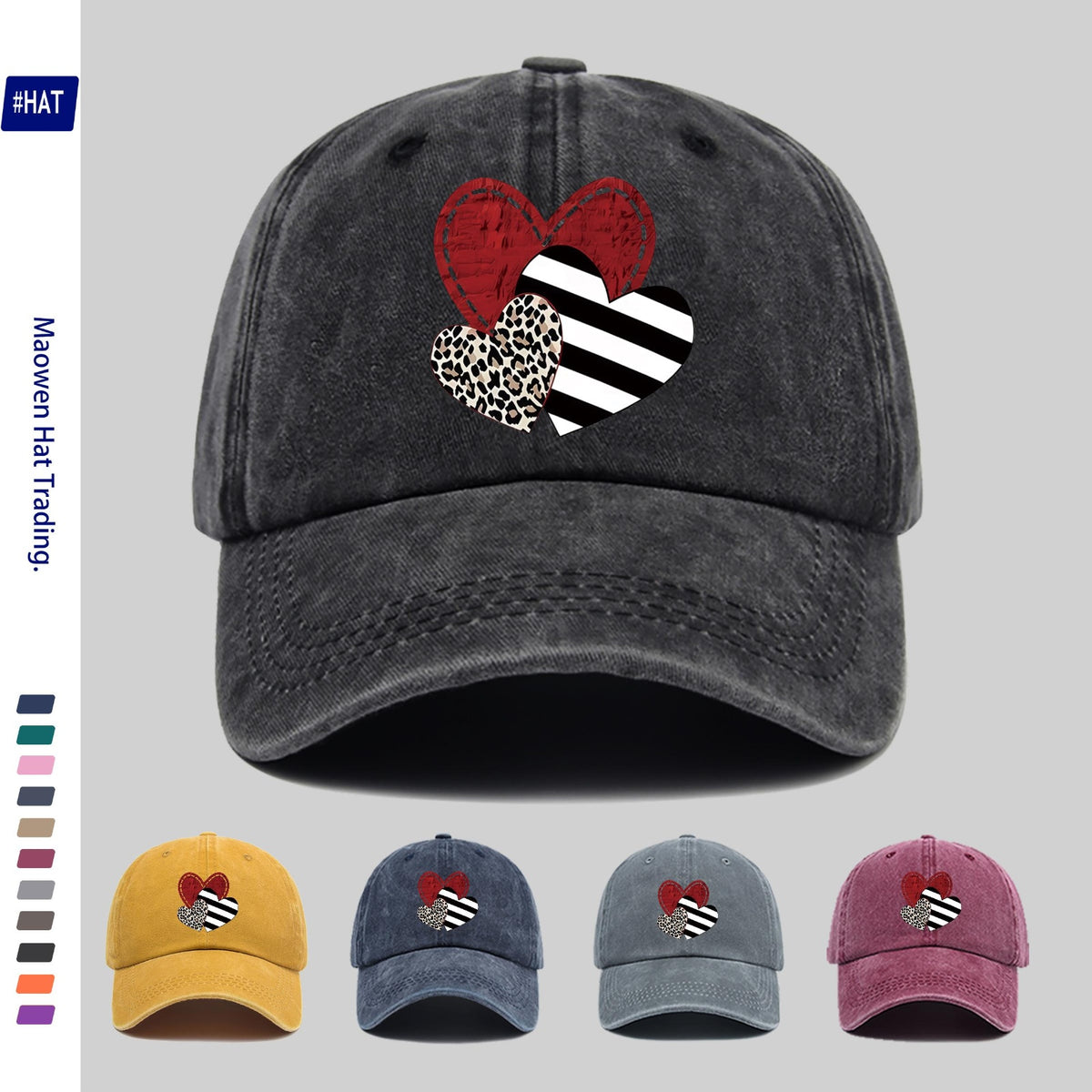 A Washed Baseball Cap with Iron-on Transfer Designs of Red Hearts, Black Striped Hearts, Leopard Print Hearts, and Crossed Hearts. It Features a New Autumn/winter Vintage Style, Is Unisex, Adjustable in Size, Lightweight, and Suitable for Outdoor Use