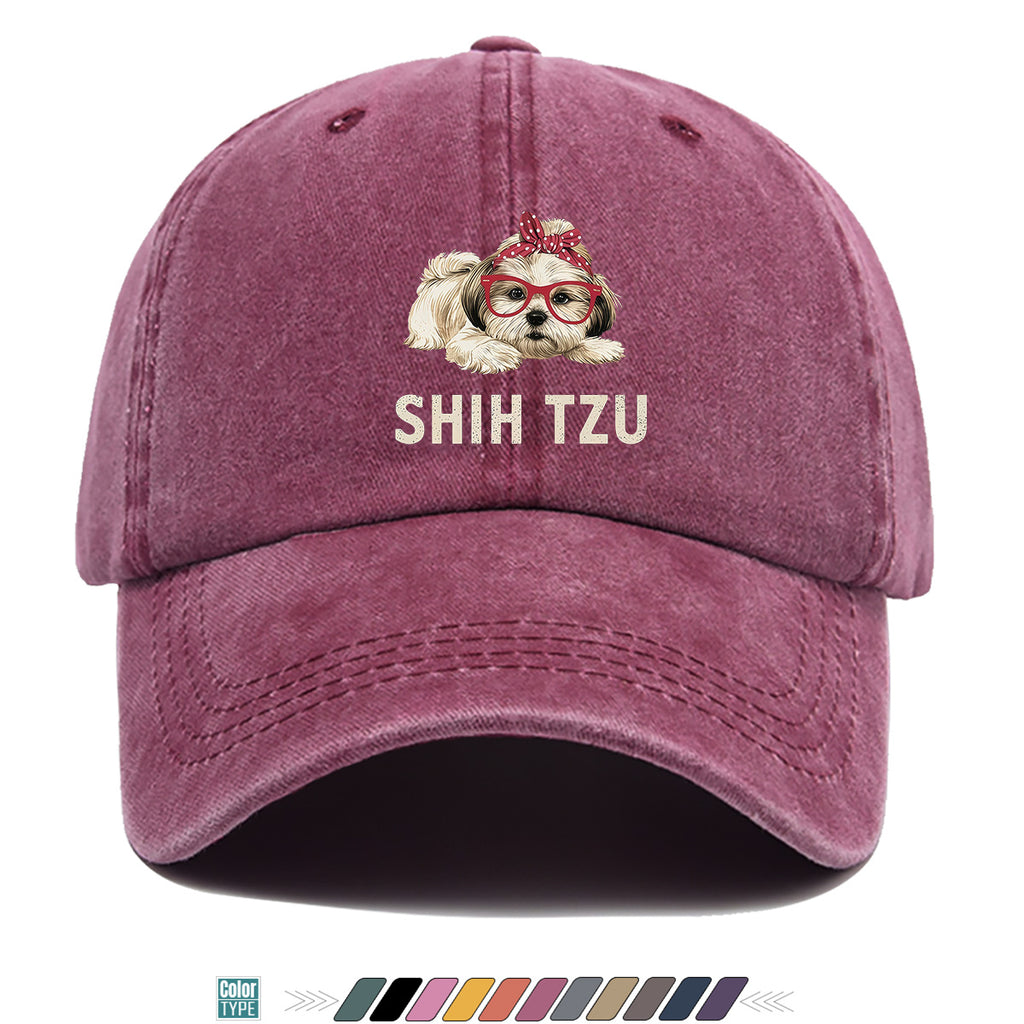 1pc Fashion Cartoon Shih Tzu Print Baseball Cap Comfortable Breathable Duck Tongue Hat Cute Pet Dog Pattern Red And White Polka Dot Bow + Red Frame Glasses Design Unisex Sun Hat Adjustable Size Suitable for Daily Travel, Shopping, Dating
